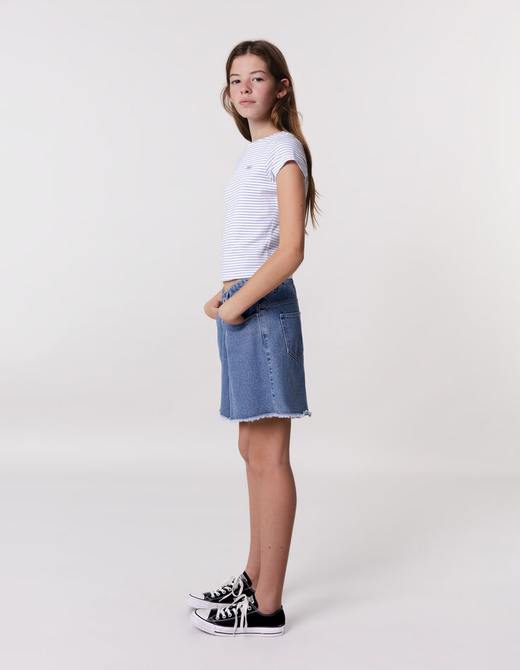 Blue denim shorts with fringed edges for girl-2