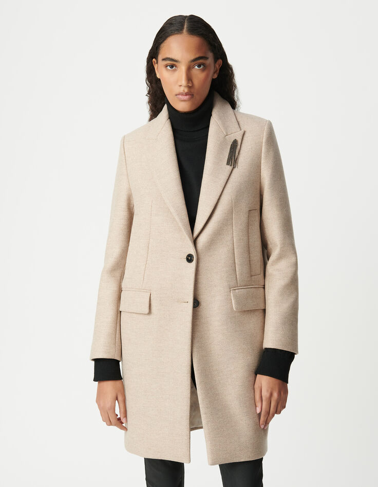 Manteau droit sésame décor broche strass Femme-2 Manteau droit sésame décor broche strass Femme-2