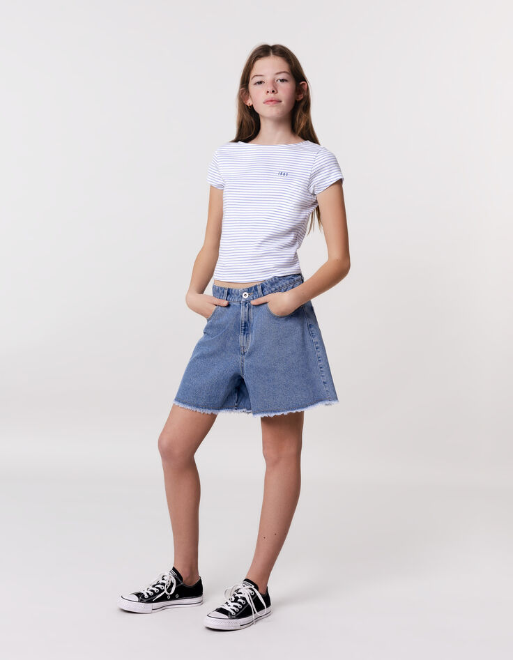 Blue denim shorts with fringed edges for girl-1