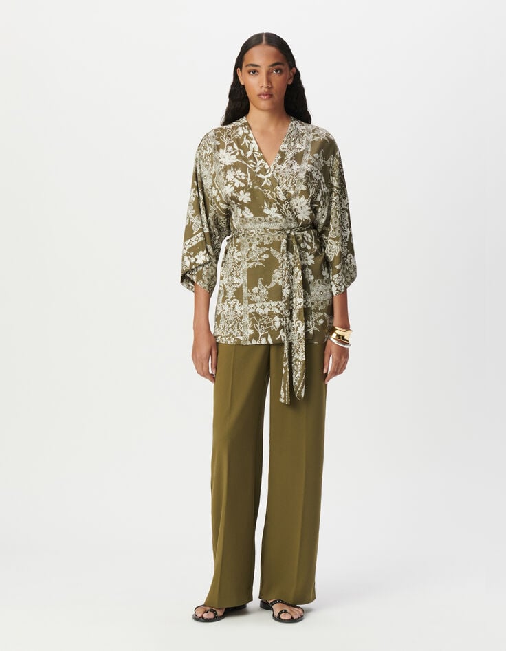 Camisa kimono caqui estampado fular mujer-1 Camisa kimono caqui estampado fular mujer-1
