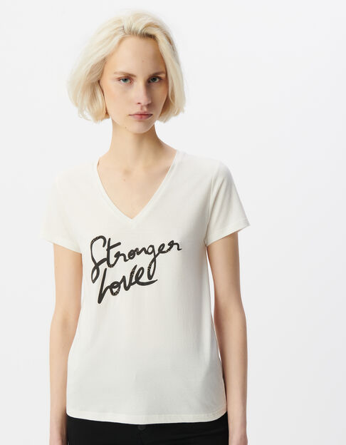 Women’s white short-sleeved T-shirt, embroidered slogan - IKKS
