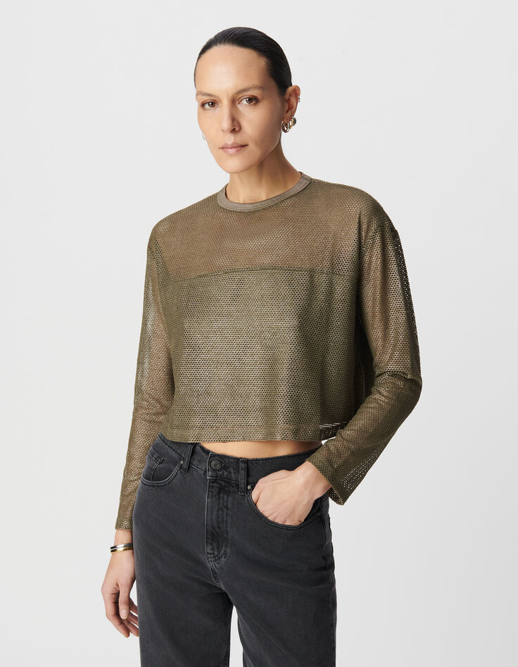 Women's khaki coated mesh sweatshirt-2 Women's khaki coated mesh sweatshirt-2