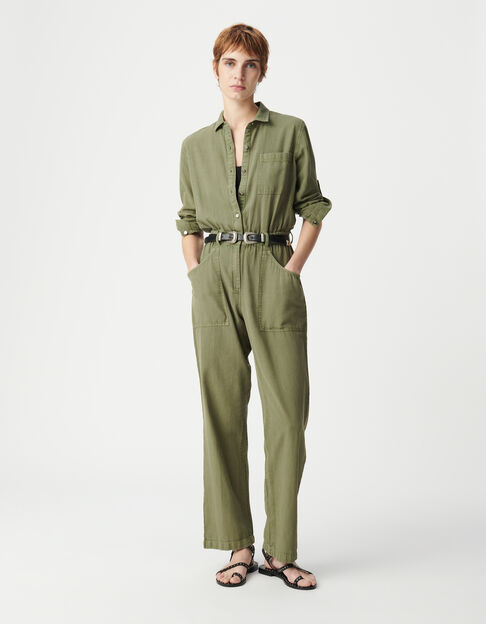 Women's elasticated waist soft khaki denim jumpsuit - IKKS