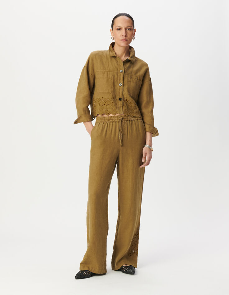 Kaki kort linnen hemdblouse geborduurd Dames-2 Kaki kort linnen hemdblouse geborduurd Dames-2