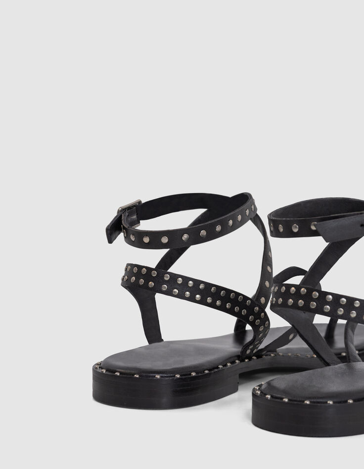 Women's studded leather flat sandal-tongs in black-4 Women's studded leather flat sandal-tongs in black-4