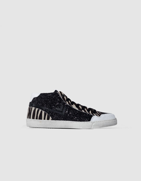 Zapatillas de mujer de micro lentejuelas y piel de cebra negra - IKKS