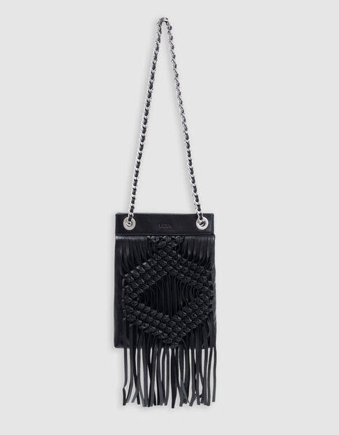 Black leather macramé-style fringed phone bag - IKKS