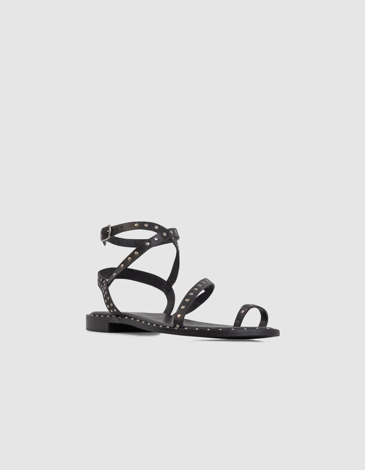 Women's studded leather flat sandal-tongs in black-2