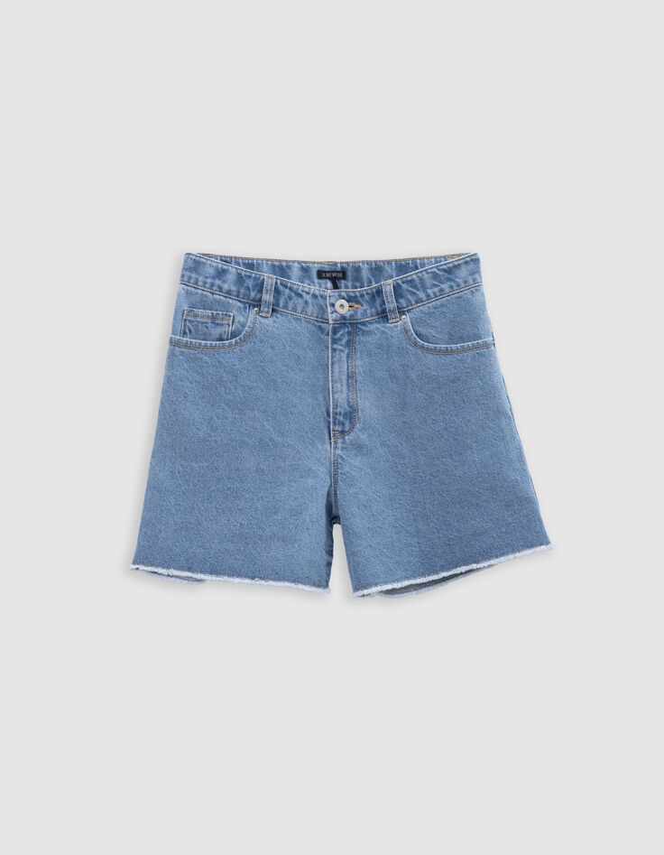 Blue denim shorts with fringed edges for girl-5