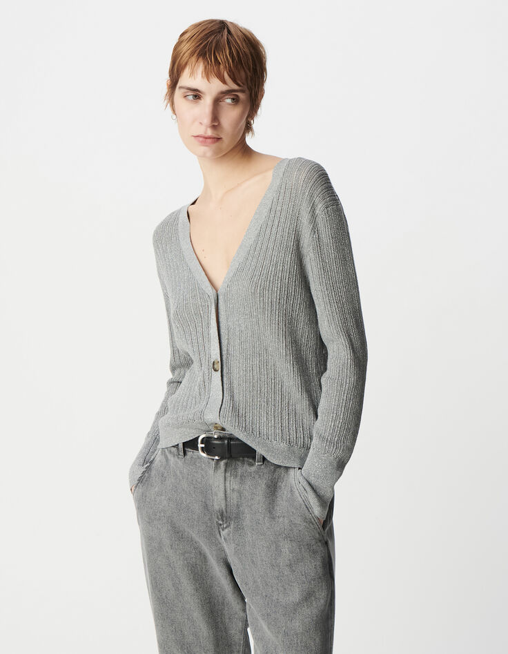 Cardigan chic gris tricot lurex ajouré Femme-2