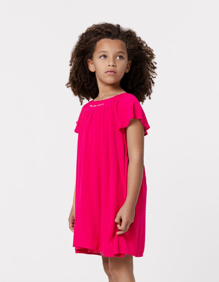Bright pink dress in plumetis embossed fabric for girl-1 Bright pink dress in plumetis embossed fabric for girl-1