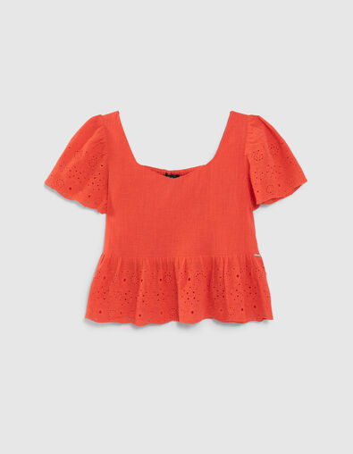 Top rojo cuello cuadrado bordado inglés niña - IKKS