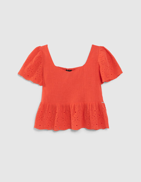 Top rojo cuello cuadrado bordado inglés niña - IKKS