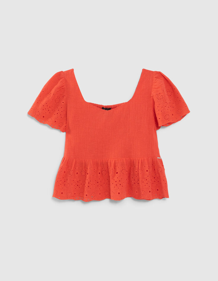 Top rojo cuello cuadrado bordado inglés niña-1 Top rojo cuello cuadrado bordado inglés niña-1