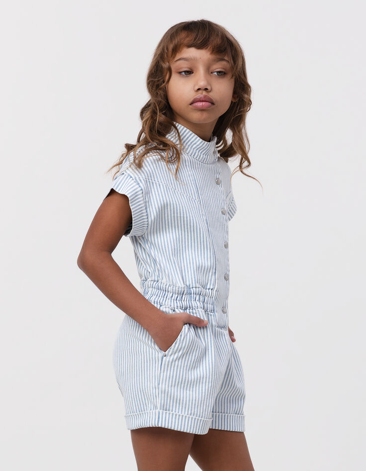 White denim jumpsuit with blue stripes for girl-1