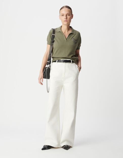 Women's khaki herringbone knit polo sweater - IKKS