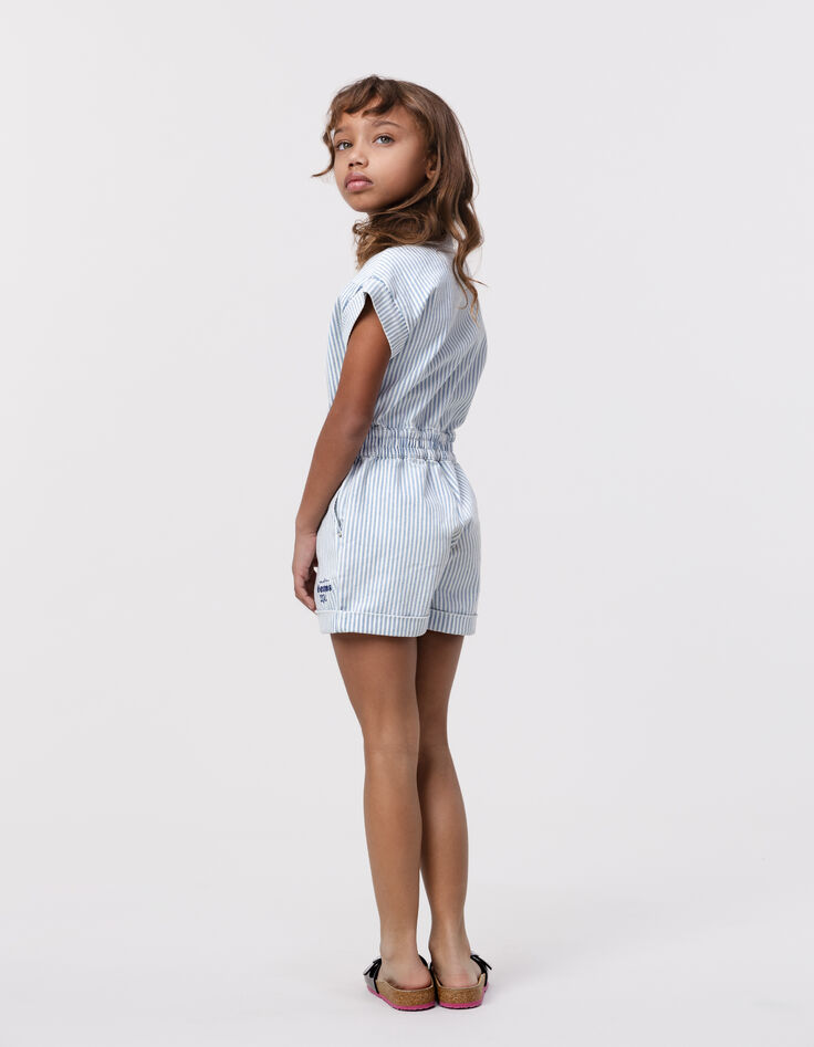 White denim jumpsuit with blue stripes for girl-2 White denim jumpsuit with blue stripes for girl-2