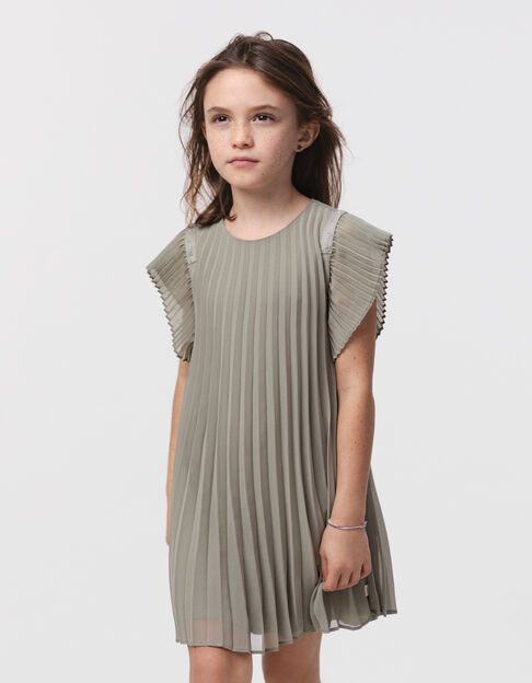 Khaki pleated dress with stud decoration for girl - IKKS