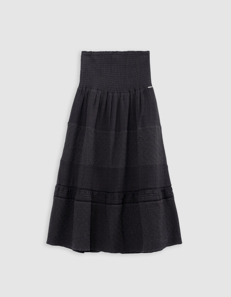 Langer schwarzer Mädchenrock mit Smocks an der Taille-2