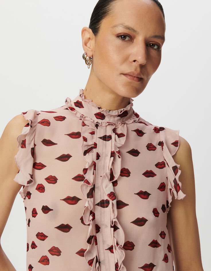 Ärmelloses Damen-Voiletop in rosa, bunter Mundprint-4
