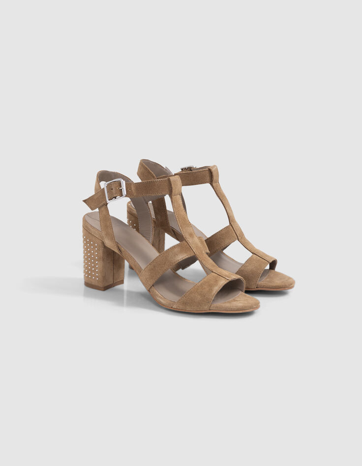 Sandales beige cuir velours talon clouté Femme-6