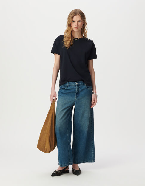 Navy blue crew neck T-shirt, military buttons - IKKS