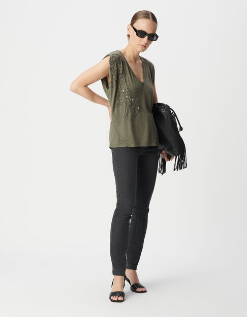 Tee-shirt col V kaki broderie tigre Femme - IKKS