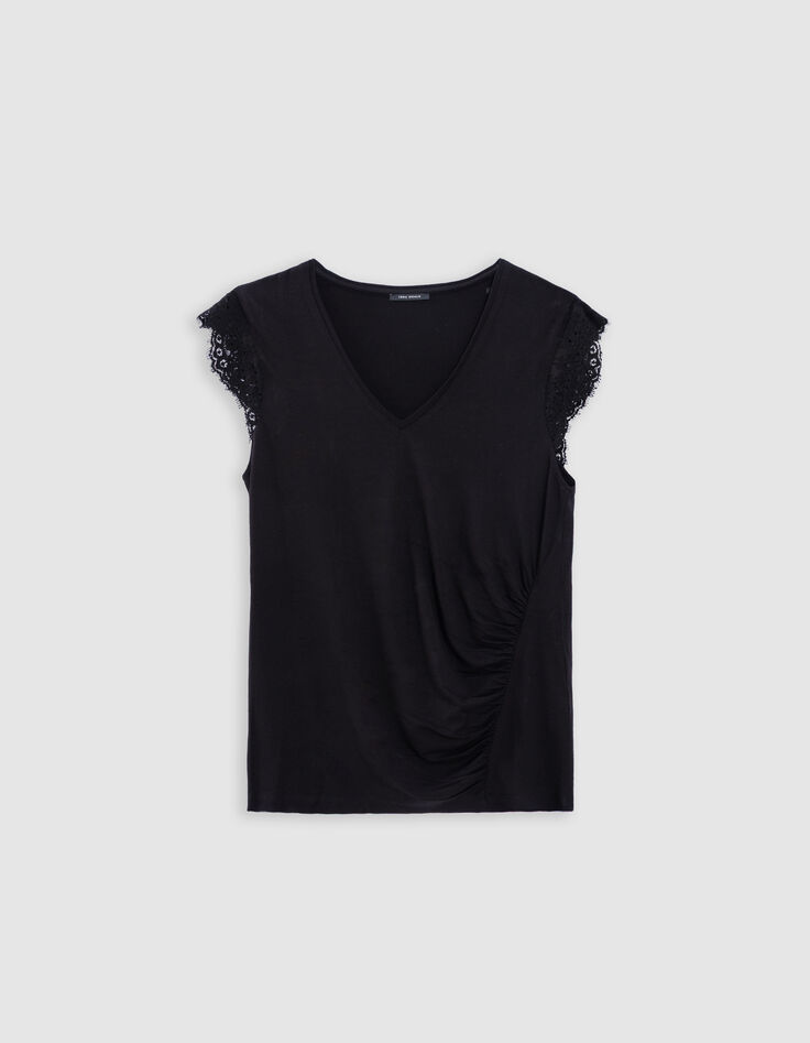 Women's black scalloped lace sleeve tee-shirt-5