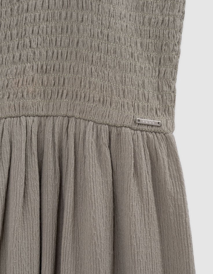 Khaki Kleid mit schmalen Trägern und Smocks, Mädchen-5 Khaki Kleid mit schmalen Trägern und Smocks, Mädchen-5
