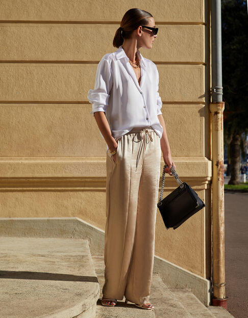 Women's wide-leg beige recycled polyester pants with elastic waistband - IKKS