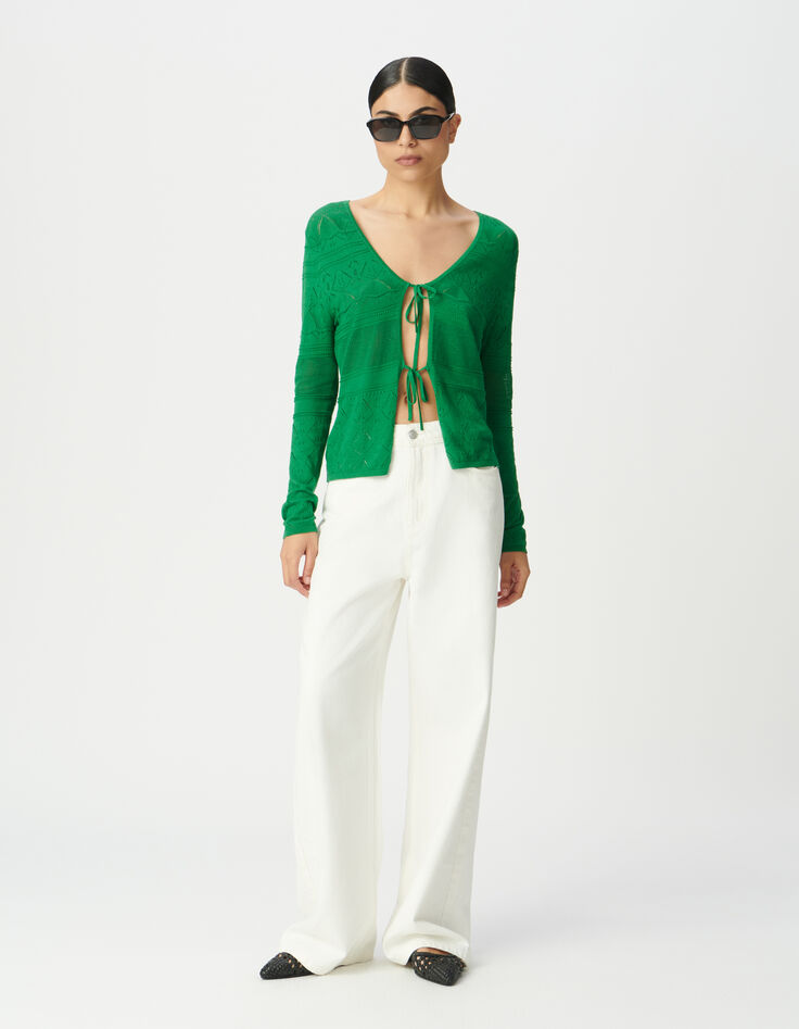 Green openwork knit cardigan to tie-1