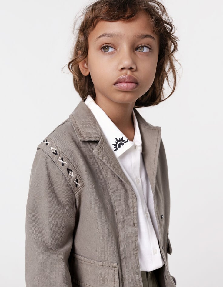 Khaki safari jacket maxi back embroidery for girl-1 Khaki safari jacket maxi back embroidery for girl-1