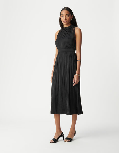 Women's crinkle-effect black long dress with lace - IKKS
