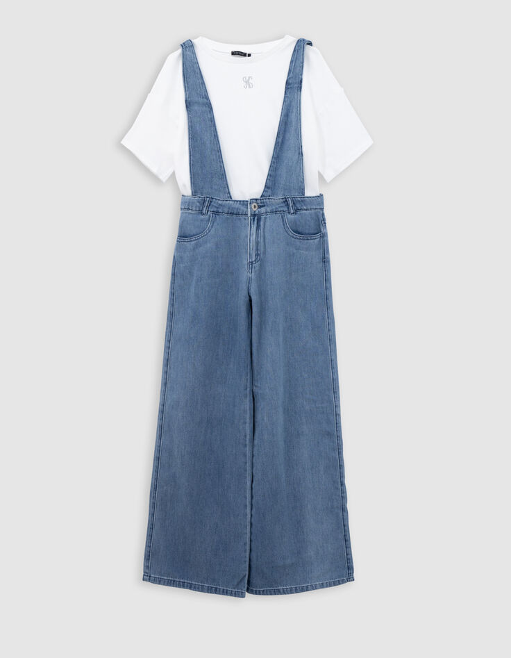 Girls' blue overalls and white T-shirt set-1