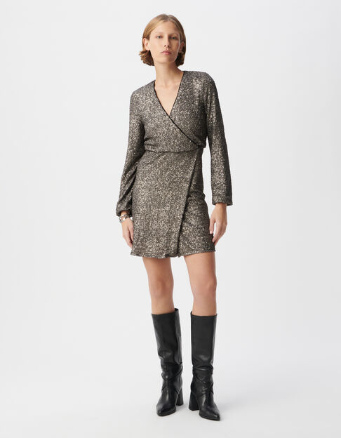 Women's grey metallic sequin embroidered wrap dress - IKKS