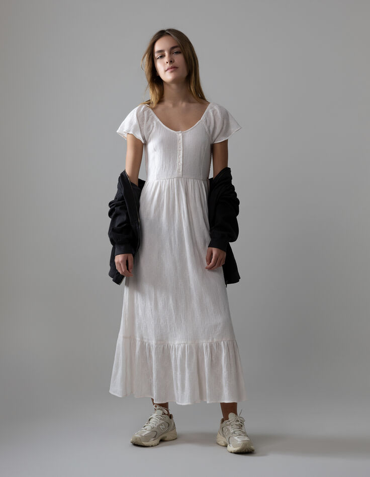 Vestido largo crudo escote elástico niña-1