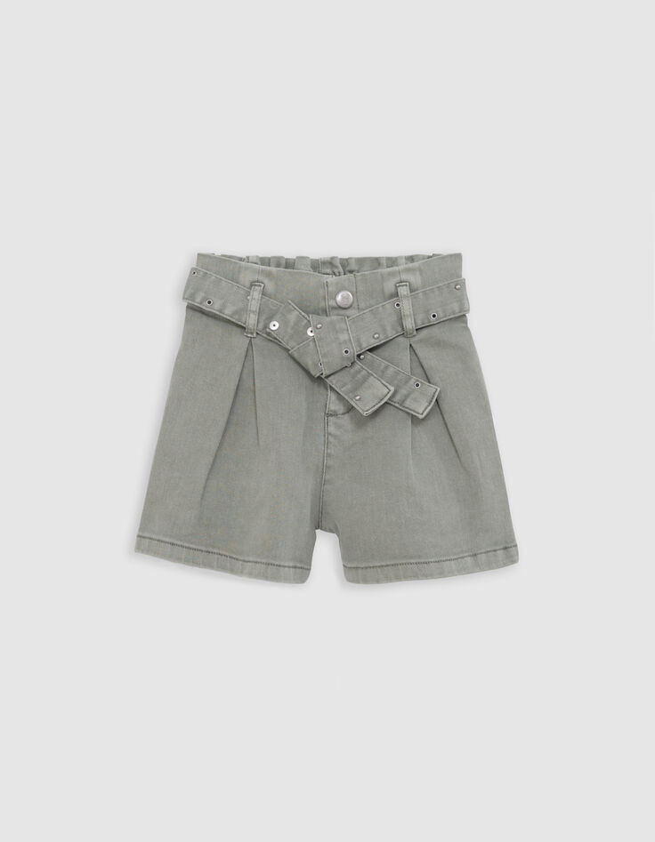 Shorts vaqueros caqui cinturón tachuelas y ojales niña-3 Shorts vaqueros caqui cinturón tachuelas y ojales niña-3